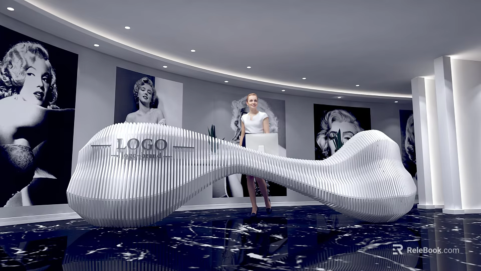 Modern White Curved Reception Desk With Marble Floor And Portrait Paintings 3d model 