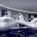 Modern White Curved Reception Desk With Marble Floor And Portrait Paintings
