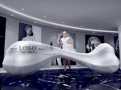 Modern White Curved Reception Desk With Marble Floor And Portrait Paintings 3d model