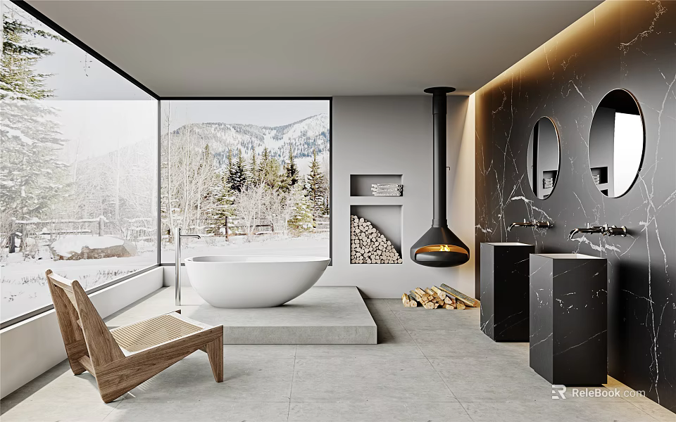 Spacious Contemporary Luxury Bathroom With Freestanding Bathtub Hanging Fireplace And Panoramic Snow Mountain View 3d model 