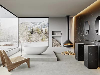 Spacious Contemporary Luxury Bathroom With Freestanding Bathtub Hanging Fireplace And Panoramic Snow Mountain View 3d model