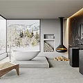Spacious Contemporary Luxury Bathroom With Freestanding Bathtub Hanging Fireplace And Panoramic Snow Mountain View