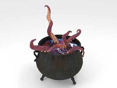 Enchanted Black Cauldron With Boiling Purple Liquid And Octopus Tentacles 3d model