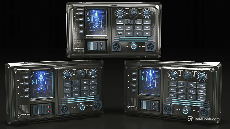 Futuristic Sci Fi Control Panels With Blue Screens Buttons And Knobs 3d model 