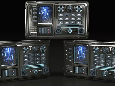 Futuristic Sci Fi Control Panels With Blue Screens Buttons And Knobs 3d model