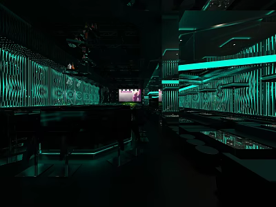 Modern Bar Interior Design With Neon Green Lighting Bar Counter And Seating Area 3d model