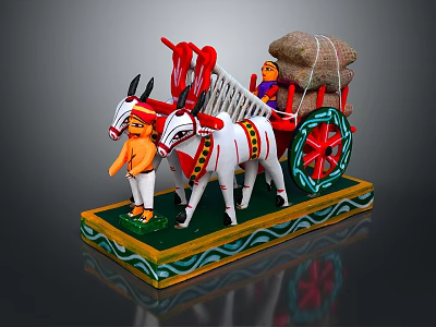 Handcrafted Traditional Ox Cart Model With Decorated Oxen And Human Figures 3d model