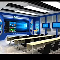 Modern Technology Exhibition Hall With Glass Partitions Blue Tones And Multiple Screens