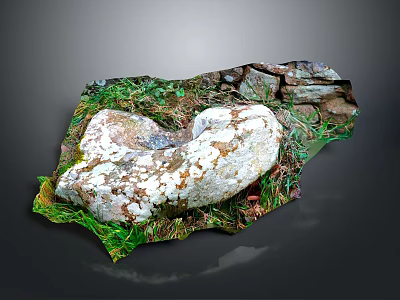Natural Stone With White Moss Surrounded By Green Grass And Stone Wall 3d model