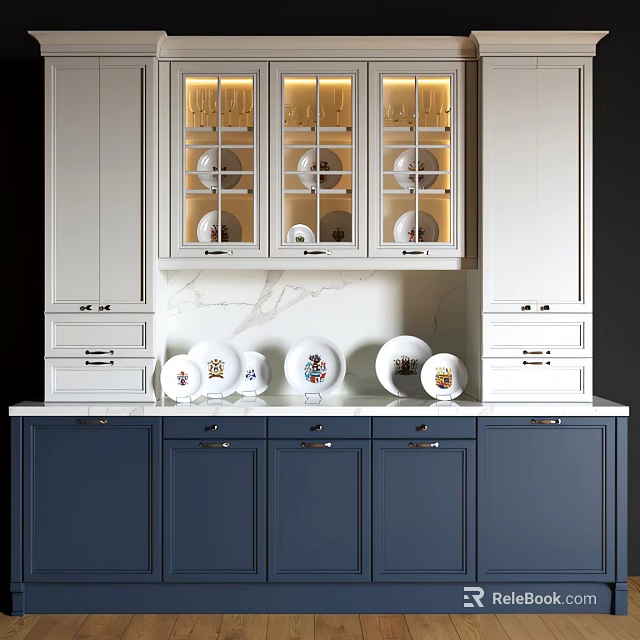 Light And Dark Blue Cabinets With Glass Doors And Plates 3d model 