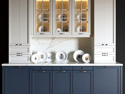 Light And Dark Blue Cabinets With Glass Doors And Plates 3d model
