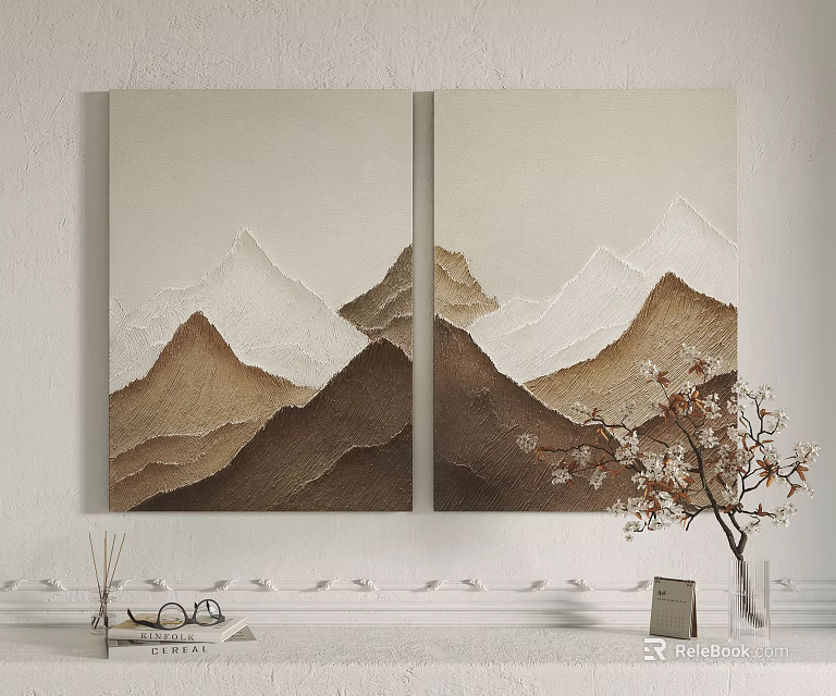 Interior Decor With Two Panel Mountain Landscape Paintings And Vase Flowers 3d model