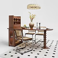 Wooden Dining Table Set with Chairs Wine Cabinet Pendant Light and Vase