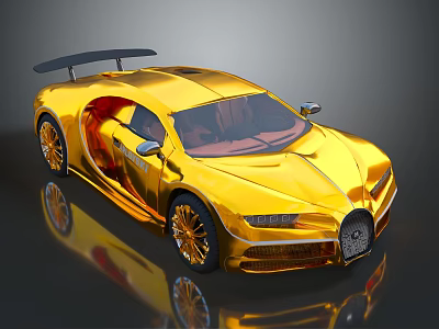 Golden Bugatti Supercar With Shiny Gold Body And Black Rear Spoiler On Reflective Surface 3d model