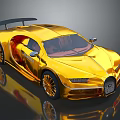 Golden Bugatti Supercar With Shiny Gold Body And Black Rear Spoiler On Reflective Surface