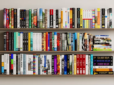 Colorful Books and Magazines Collection on Multi Layer Wooden Shelf with Various Sizes 3d model