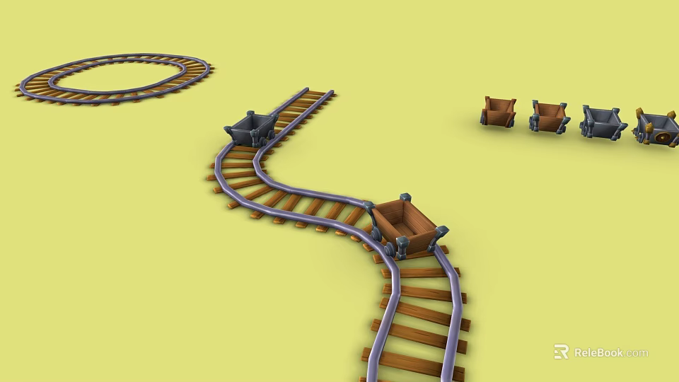 Curved Toy Train Tracks With Small Toy Cars On Yellow Background 3d model 