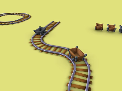 Curved Toy Train Tracks With Small Toy Cars On Yellow Background 3d model