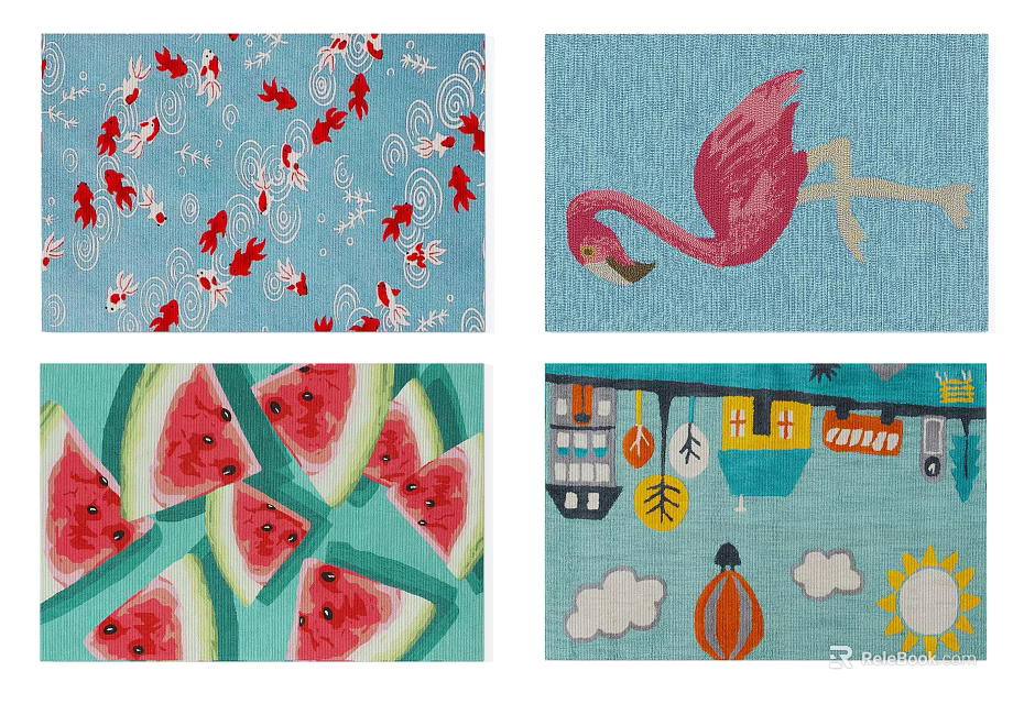 Stylish Square Rugs With Fish Flamingo Watermelon And Cartoon Building Patterns 3d model 