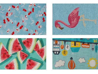 Stylish Square Rugs With Fish Flamingo Watermelon And Cartoon Building Patterns 3d model