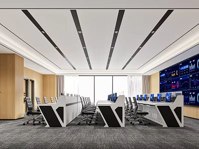 Modern Monitoring Room With Multiple Display Screens Workstations And Ergonomic Office Chairs 3d model