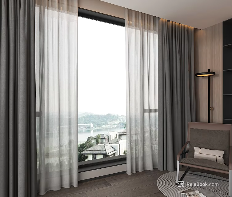 Grey Sheer And Thick Curtains Framing Large Window With City View In Modern Living Room 3d model 