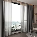 Grey Sheer And Thick Curtains Framing Large Window With City View In Modern Living Room