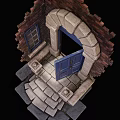 Blue Entrance Door With Arched Lintel Brick Wall Window Stone Steps And Stone Decorations