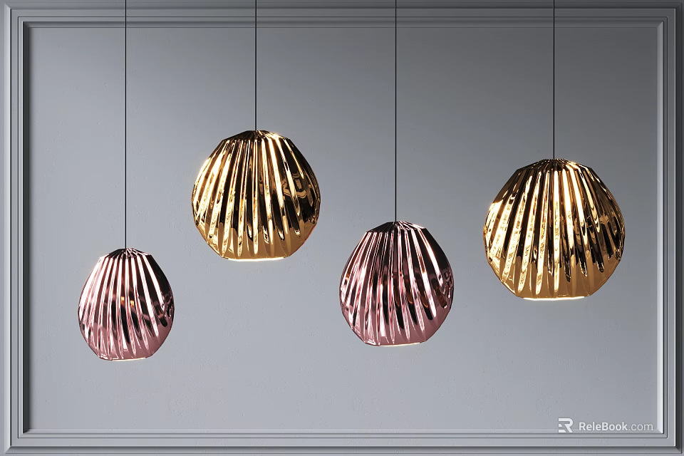 Modern Multiple Gold And Pink Textured Pendant Lights Hanging From Ceiling 3d model