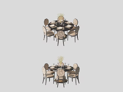 Modern Round Dining Table Set With 6 Chairs And Decorative Centerpiece 3d model