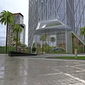 Modern Urban Night Landscape With Illuminated Glass Buildings Palm Trees And Pedestrians Walking