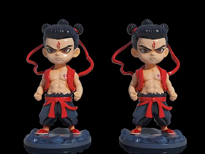 Cartoon Dolls With Topknots Red Forehead Marks Red Vests Black Pants Red Shoes Blue Bases 3d model