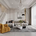 Modern Elegant Dining And Living Room Interior With Chandelier Dining Table And Blue Chairs