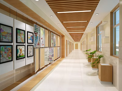 Modern Office Corridor With Colorful Paintings Green Plants Wooden Strip Ceiling And White Tile Floor 3d model