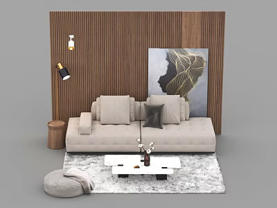 Beige Sofa and Coffee Table Set With Wooden Wall Panel Abstract Painting Area Rug 3d model