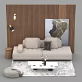 Beige Sofa and Coffee Table Set With Wooden Wall Panel Abstract Painting Area Rug