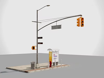 Urban Roadside Infrastructure Featuring Street Lamp Traffic Light Bus Stop Shelter And Trash Can 3d model