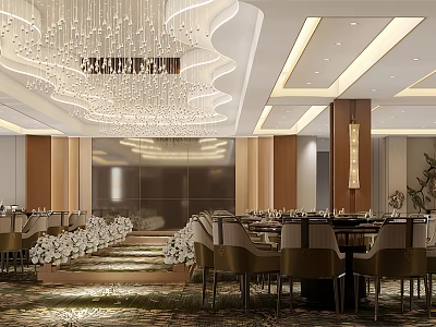 Luxurious Banquet Hall Interior With Crystal Chandelier Dining Tables And Flower Decorations 3d model