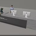 Modern Reception Desk with Receptionist Two Computers Green Toy Balloon Marble Countertop and LED Lighting