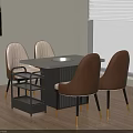 Modern Dining Table with Beige Striped Brown Upholstered Chairs Golden Legs Side Shelf Wooden Floor