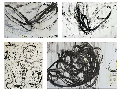 Abstract Paintings With Dynamic Black White Lines Ink Splatters And Textured Backgrounds 3d model