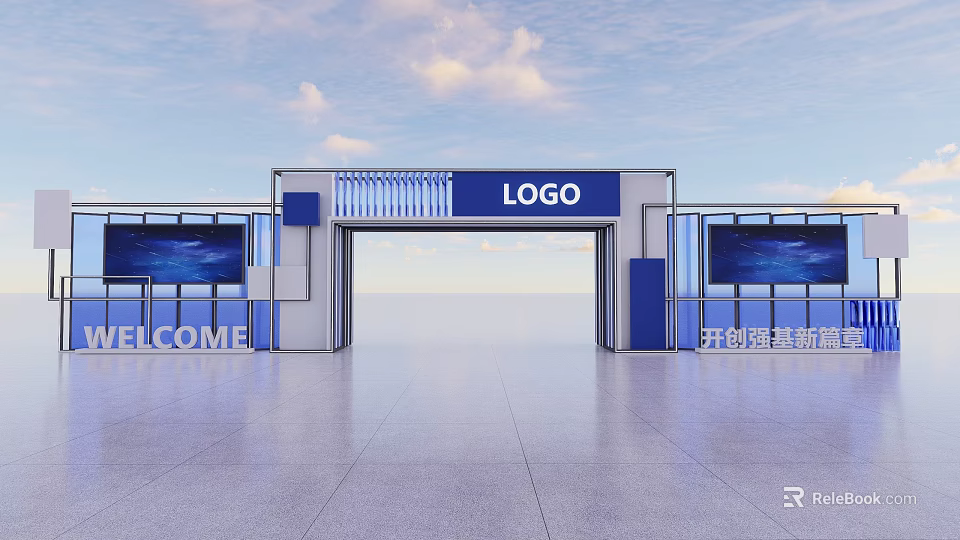 Modern Event Entrance Design With LOGO Welcome Sign And Digital Screens 3d model 