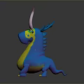 3D Cartoon Dragon Game Character With Blue Body Yellow Belly And Pink Horns