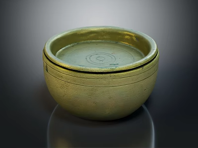Golden Round Covered Container With Engraved Pattern And Brass Finish 3d model