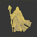 Hooded Man In Blue Robe Holding Glowing Staff With Intricate Patterns