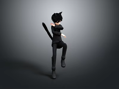 Playful Child in Black Outfit with Tail Jumping in 3D Model Design 3d model