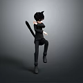 Playful Child in Black Outfit with Tail Jumping in 3D Model Design