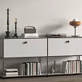 Modern Decorative Cabinet With White Doors Metal Frame Featuring Candlesticks Books Radio And Table Lamp