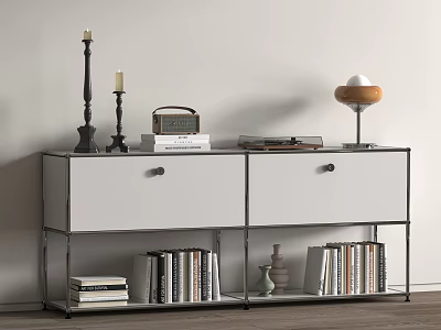 Modern Decorative Cabinet With White Doors Metal Frame Featuring Candlesticks Books Radio And Table Lamp 3d model
