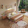 Modern Bedroom Interior Featuring Wooden Bed Nightstand Rug Large Window Green View And Wall Art